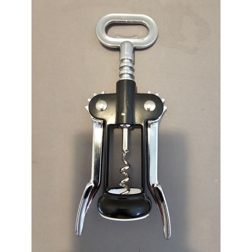 Pedrini Black/Silver Corkscrew Wine Bottle Opener w/Fins - Push Down-Italy-Used
